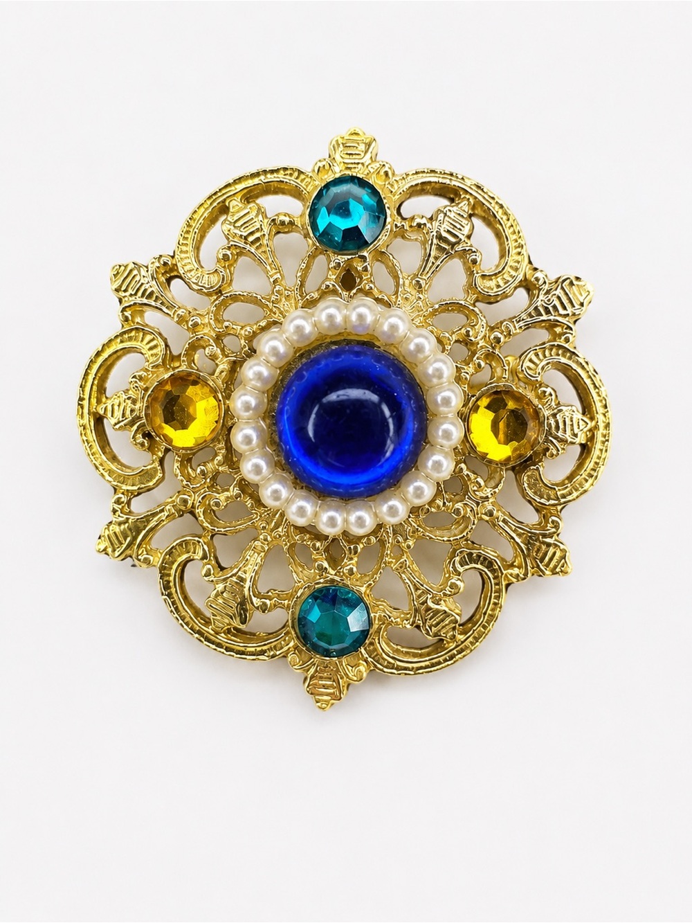 Vintage Gold Tone‎ Filigree Brooch Blue Cabochon Faux Pearl Rhinestone Pin